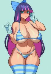 Rule 34 | bikini, blue hair, bow, breasts, fiinel, fiinelrush, gloves, highres, large breasts, lipon, long hair, multicolored hair, panty &amp; stocking with garterbelt, stocking (psg), striped bikini, striped clothes, striped thighhighs, swimsuit, thick thighs, thighhighs, thighs, two-tone hair