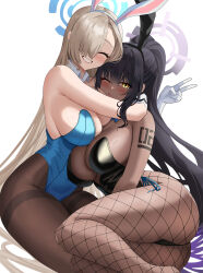 Rule 34 | 2girls, ^ ^, ^o^, absurdres, animal ears, arm around neck, arm tattoo, armpit crease, asuna (blue archive), asuna (bunny) (blue archive), bare arms, bare shoulders, black hair, black leotard, black pantyhose, blue archive, blue leotard, breast press, breasts, cheek press, cleavage, closed eyes, closed mouth, colored tips, commentary request, dark-skinned female, dark skin, facing viewer, fake animal ears, feet out of frame, fishnet pantyhose, fishnets, fujioni, gloves, grin, hair over one eye, halo, highleg, highleg leotard, highres, hug, karin (blue archive), karin (bunny) (blue archive), large breasts, leotard, light brown hair, long hair, multicolored hair, multiple girls, number tattoo, official alternate costume, one eye closed, one eye covered, pantyhose, playboy bunny, ponytail, purple hair, rabbit ears, side-tie leotard, simple background, sitting, smile, strapless, strapless leotard, tattoo, thighband pantyhose, thighs, two-tone hair, v, very long hair, white background, white gloves, yellow eyes