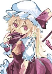 Rule 34 | 1girl, 9302w (user wjpg8475), ascot, blonde hair, cake, cake slice, chocolate cake, collared shirt, crystal, eating, flandre scarlet, food, food in mouth, food on face, frilled skirt, frilled sleeves, frills, from above, hair between eyes, hat, hat ribbon, highres, holding, holding food, looking at viewer, mob cap, one side up, puffy short sleeves, puffy sleeves, raised eyebrows, red eyes, red ribbon, red skirt, red vest, ribbon, shirt, short hair, short sleeves, simple background, skirt, skirt set, solo, touhou, upper body, vest, white background, white hat, white shirt, wings, wrist cuffs, yellow ascot