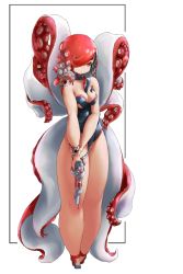 Rule 34 | 1girl, bad proportions, bare shoulders, breasts, cleavage, full body, gun, hair over one eye, holding, holding gun, holding own arm, holding weapon, long hair, medium breasts, monster girl, red eyes, red hair, scylla, solo, standing, suction cups, tentacle hair, tentacles, thick thighs, thighs, weapon, white background, yaodelanmao