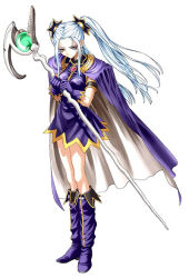 Rule 34 | 1girl, boots, cape, full body, gloves, grey eyes, knee boots, long hair, ophelia buckingham, purple footwear, skirt, solo, staff, tempest (game), the war of genesis, tony taka, twintails, white hair