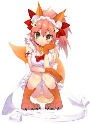 Rule 34 | 1girl, 5jack, animal ears, animal hands, bad id, bad pixiv id, bell, blush, breasts, cleavage, collar, eye contact, fate/grand order, fate (series), fox ears, fox tail, hair ribbon, large breasts, long hair, looking at another, looking at viewer, neck bell, pink hair, ribbon, simple background, solo, tail, tamamo (fate), tamamo cat (fate), tamamo cat (third ascension) (fate), tamamo no mae (fate/extra), yellow eyes