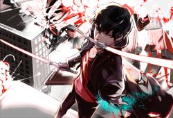 Rule 34 | 10s, 1boy, amputee, bad id, bad pixiv id, black hair, blurry, building, depth of field, explosion, facial hair, from above, hair between eyes, himo (himazin), himo com, holding, holding sword, holding weapon, jacket, light particles, long sleeves, male focus, mouth hold, outdoors, pants, red eyes, rooftop, solo, standing, sword, tachikawa kei, teeth hold, torn clothes, weapon, world trigger