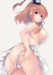 Rule 34 | 10s, 1girl, alternate costume, apron, ass, beige background, blue eyes, blush, breasts, brown hair, convenient censoring, dress, embarrassed, eyebrows, from behind, hair between eyes, hand on thigh, highres, kantai collection, large breasts, long hair, looking at viewer, nagiha kuten, nearly naked apron, panties, panty pull, partially visible vulva, ponytail, saratoga (kancolle), shiny skin, side ponytail, sideboob, simple background, solo, surprised, sweat, thighs, underwear, wardrobe malfunction, white dress, white panties