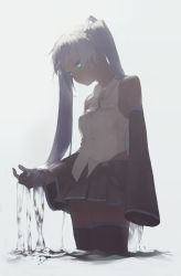 Rule 34 | 1girl, amo (silent bomb19), aqua eyes, bad id, bad pixiv id, bare shoulders, black thighhighs, blue background, blue hair, bottle miku, breasts, collared shirt, cowboy shot, detached sleeves, expressionless, female focus, glowing, hatsune miku, head down, highres, holding, holding hair, liquid hair, long hair, long sleeves, miniskirt, pleated skirt, shirt, skirt, sleeveless, sleeveless shirt, sleeves past wrists, small breasts, solo, standing, thighhighs, twintails, very long hair, vocaloid, wading, water, white background, zettai ryouiki