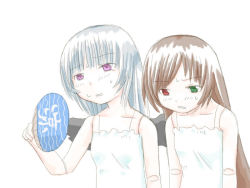 Rule 34 | 00s, 2girls, brown hair, camisole, collarbone, doll joints, green eyes, hand fan, heterochromia, hot, joints, long hair, multiple girls, open mouth, paper fan, purple eyes, red eyes, rozen maiden, silver hair, simple background, straightchromia, suigintou, suiseiseki, sweat, uchiwa, very long hair