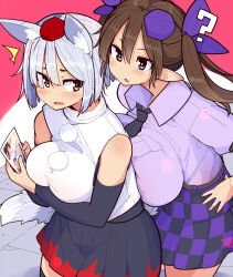 Rule 34 | 2girls, ?, ^^^, animal ears, arm under breasts, belt, black bow, black bowtie, black skirt, black sleeves, blunt ends, blush, bow, bowtie, breast press, breasts, brown belt, brown hair, checkered clothes, checkered skirt, collared shirt, commentary request, cowboy shot, curious, detached sleeves, double-parted bangs, embarrassed, grey hair, hair bow, hand on own hip, hat, highres, himekaidou hatate, himeshita johnny mafuyu, holding, holding photo, huge breasts, impossible clothes, impossible shirt, inubashiri momiji, large breasts, long hair, multiple girls, open mouth, photo (object), pleated skirt, pointy ears, pom pom (clothes), purple bow, purple eyes, purple headwear, purple shirt, purple skirt, red eyes, red headwear, red skirt, shirt, short hair, short sleeves, sideways glance, skirt, sleeveless, sleeveless shirt, sleeveless turtleneck, standing, sweatdrop, tail, tilted headwear, tokin hat, touhou, turtleneck, twintails, two-tone skirt, white shirt, wolf ears, wolf tail