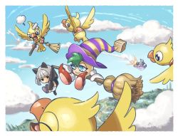 Rule 34 | 2girls, bandages, bird, blue eyes, broom, broom riding, dyna baby, floating, green hair, grill (kirby), hat, keke, kirby&#039;s dream land 3, kirby (series), kirby super star, kumoketu, multiple girls, nintendo, sky, smile, witch, witch hat