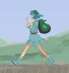 Rule 34 | 1girl, backpack, bad proportions, bag, blue eyes, blue hair, blush, female focus, hair bobbles, hair ornament, hat, highres, kawashiro nitori, matching hair/eyes, open mouth, pinzu, randoseru, short hair, sleeves rolled up, smile, solo, touhou, twintails, two side up, walking