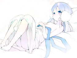 Rule 34 | 1girl, ass, bad id, bad pixiv id, barefoot, blue hair, blush, character request, copyright request, dress, feet, feet together, flat chest, hair ornament, lying, mutsutake, no panties, off shoulder, on back, pink eyes, simple background, solo, toes, twintails