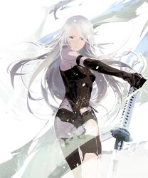 Rule 34 | 1girl, android, armlet, asymmetrical legwear, black gloves, black shorts, black tank top, black thighhighs, breasts, closed mouth, cofffee, cowboy shot, elbow gloves, gloves, grey eyes, holding, holding sword, holding weapon, joints, katana, light particles, long hair, looking at viewer, medium breasts, mismatched legwear, mole, mole under mouth, nier:automata, nier (series), parted bangs, robot joints, short shorts, shorts, simple background, single thighhigh, solo, standing, sword, tank top, thighhighs, virtuous contract, weapon, white background, white hair, a2 (nier:automata)