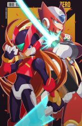 Rule 34 | 2boys, android, blonde hair, blue eyes, commentary, crop top, en dorzer, english commentary, english text, helmet, highres, holding, holding sword, holding weapon, long hair, looking at viewer, male focus, mega man (series), mega man x (series), mega man zero (series), multiple boys, sword, weapon, zero(z) (mega man), zero (mega man)