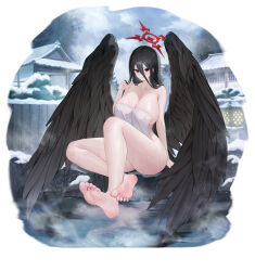 Rule 34 | 1girl, barefoot, black hair, black wings, blue archive, blush, breasts, cleavage, closed mouth, collarbone, feathered wings, feet, halo, hasumi (blue archive), highres, huge breasts, knee up, legs, lichiko, long hair, naked towel, onsen, red eyes, red halo, rock, snow, soles, solo, spread toes, toes, towel, water, white towel, wings