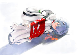 Rule 34 | 1girl, ass, ayanami rei, backlighting, bdsm, blue hair, bodysuit, bondage, bound, bound arms, bound legs, bracer, breast press, breasts, condom, folded, full body, gloves, hair between eyes, hair ornament, half-closed eyes, hobo nooto, lcl, lying, neon genesis evangelion, on side, open mouth, pilot suit, plugsuit, red eyes, ribbon, saliva, shadow, short hair, small breasts, so note, solo, suggestive fluid, used condom