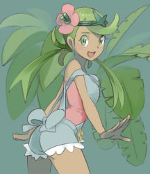 Rule 34 | 1girl, :d, apron, ass, bad id, bad pixiv id, breasts, cowboy shot, creatures (company), cropped legs, dark-skinned female, dark skin, flower, from side, game freak, green eyes, green hair, hair flower, hair ornament, leaf, looking at viewer, mallow (pokemon), nintendo, off shoulder, open mouth, pink shirt, pokemon, pokemon sm, ribbon, shirt, sleeveless, sleeveless shirt, smile, solo, strap slip, suion 25.c, twintails, wrists extended