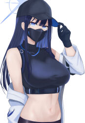Rule 34 | 1girl, absurdres, armband, bare shoulders, baseball cap, belt, black belt, black gloves, black hair, black hat, black mask, black shirt, blue archive, blue eyes, blue hair, blunt bangs, breasts, chest harness, coat, colored inner hair, commentary, covered collarbone, covered mouth, cowboy shot, crop top, elrin, gloves, halo, hand up, harness, hat, highres, large breasts, long hair, looking at viewer, mask, midriff, mouth mask, multicolored hair, navel, off shoulder, saori (blue archive), shirt, simple background, sleeveless, sleeveless shirt, solo, standing, taut clothes, taut shirt, two-tone hair, underbust, white background, white coat