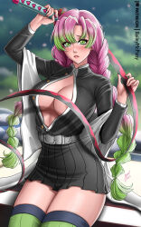 Rule 34 | 1girl, arm up, baileymcpatty, belt, black jacket, black skirt, blurry, blurry background, breasts, commentary, demon slayer uniform, gradient hair, green eyes, green hair, green thighhighs, haori, highres, holding, holding sword, holding weapon, jacket, japanese clothes, kanroji mitsuri, kimetsu no yaiba, large breasts, long hair, looking at viewer, mole, mole under each eye, mole under eye, multicolored hair, multiple moles, outdoors, parted lips, partially unbuttoned, patreon username, pink hair, pleated skirt, signature, skirt, solo, sword, teeth, thighhighs, tri braids, weapon, whip sword, white belt