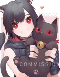 Rule 34 | 1girl, akizone, animal, animal ears, warrior of light (ff14), bell, black hair, blush, cat, cat ears, cat tail, commission, final fantasy, final fantasy xiv, grin, heart, highres, holding, holding animal, looking at viewer, miqo&#039;te, parted lips, red eyes, short hair, smile, solo, tail, upper body