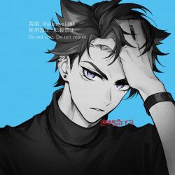 Rule 34 | 1boy, artist name, black hair, black shirt, blue background, commentary request, dated, ear piercing, earrings, genshin impact, greyscale, greyscale with colored background, hand on own head, hand up, jewelry, looking at viewer, male focus, monochrome, multicolored hair, ojo aa, parted bangs, parted lips, piercing, purple eyes, scar, scar on face, shirt, short hair, signature, simple background, solo, spot color, streaked hair, stud earrings, turtleneck, twitter username, upper body, watermark, wriothesley (genshin impact), wristband
