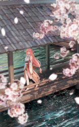 Rule 34 | 1girl, absurdres, animal ears, architecture, bare shoulders, blurry, blurry foreground, breasts, cherry tree, detached sleeves, east asian architecture, falling petals, fox ears, full moon, genshin impact, hair between eyes, highres, japanese clothes, jewelry, koseikogani, large breasts, long hair, looking up, low-tied long hair, miko, moon, outdoors, pendant, petals, pink hair, pond, purple eyes, sandals, sash, scenery, shirt, sleeveless, sleeveless shirt, solo, walking, water, white shirt, yae miko
