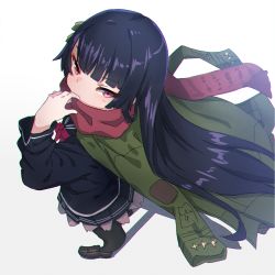 Rule 34 | 1girl, black hair, black pantyhose, black sailor collar, black serafuku, black shirt, black skirt, blush, brown footwear, commentary request, covered mouth, from above, from side, full body, girls&#039; frontline, gradient background, green jacket, grey background, hand up, highres, jacket, kuro kosyou, loafers, long hair, long sleeves, looking at viewer, looking to the side, looking up, pantyhose, pink eyes, pleated skirt, red scarf, sailor collar, scarf, school uniform, serafuku, shadow, shirt, shoes, skirt, solo, standing, type 100 (girls&#039; frontline), very long hair, white background
