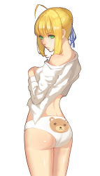 Rule 34 | 1girl, absurdres, ahoge, animal print, artoria pendragon (all), artoria pendragon (fate), ass, bad id, bad pixiv id, bear panties, bear print, blonde hair, fate/stay night, fate (series), green eyes, hand on own chest, highres, legs, long sleeves, looking back, panties, partially undressed, print panties, saber (fate), shiny skin, short hair, solo, thighs, underwear, white background, white panties, zhano kun