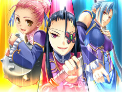 3girls black_hair blue_hair brown_eyes eyepatch game_cg hikage_eiji kakouen_myousai_(koihime) kakouton_genjou_(koihime) koihime_musou kyocho_chuukou_(koihime_musou) multiple_girls pink_eyes