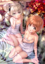 Rule 34 | 10s, 2girls, alternate hairstyle, amakusa tobari, bare legs, barefoot, bathing, blush, breasts, brown eyes, brown hair, cleavage, commentary request, double bun, flat chest, from above, girls und panzer, hair bun, hair ribbon, hair up, light brown hair, long hair, looking at viewer, looking up, medium breasts, multiple girls, naked towel, nishizumi miho, nude, onsen, open mouth, partially submerged, ribbon, rock, shimada arisu, short hair, sitting, smile, towel, twitter username, wading, wariza, water, wet, yokozuwari