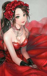 Rule 34 | 1girl, bare shoulders, black gloves, blush, bracelet, breasts, brown hair, choker, cleavage, closed mouth, collarbone, commentary request, dress, flower, gloves, hair flower, hair ornament, hairclip, hands on lap, jewelry, lips, lipstick, long hair, looking at viewer, makeup, matsurika youko, medium breasts, necklace, original, ponytail, red choker, red dress, red flower, red lips, sitting, sleeveless, sleeveless dress, smile, solo, sparkle, twitter username, yellow eyes