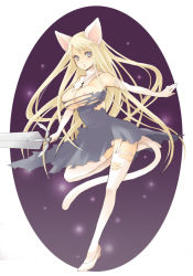 Rule 34 | 00s, 1girl, animal ears, blonde hair, breasts, cat ears, cat tail, claymore (series), claymore (sword), elbow gloves, galatea, garter belt, gloves, huge breasts, long hair, pocopoco, solo, sword, tail, thighhighs, torn clothes, torn thighhighs, weapon