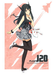 Rule 34 | 1girl, aircraft, airplane, bag, black eyes, black hair, blush, casual, contemporary, dress, fashion, hjl, j-20, jet, long hair, mecha musume, military, original, personification, shoulder bag, solo, strapless, strapless dress, tattoo, thighhighs, watermark, web address