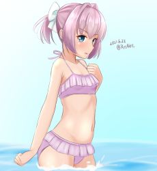 Rule 34 | 1girl, ame-san, bikini, blue background, blue eyes, breasts, commentary request, cowboy shot, dated, frilled bikini, frills, hand on own chest, highres, kantai collection, pink bikini, pink hair, ponytail, shiranui (kancolle), short hair, small breasts, soaking feet, solo, swimsuit, twitter username, wading, water