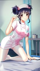 Rule 34 | 1girl, breasts, closed mouth, digital thermometer, double bun, doukyuusei 2, doukyuusei another world, dress, game cg, hair bun, hat, holding, holding thermometer, indoors, medium breasts, medium hair, narusawa yui, nurse, nurse cap, official art, on one knee, panties, pantyhose, pantyshot, pink dress, pink panties, purple hair, red eyes, short dress, short sleeves, smile, thermometer, underwear, white pantyhose