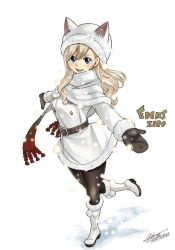 Rule 34 | 1girl, :d, animal hat, black pantyhose, blonde hair, blue eyes, boots, brown gloves, capelet, cat hat, coat, coat dress, copyright name, earrings, eden&#039;s zero, floating hair, full body, fur-trimmed boots, fur-trimmed capelet, fur-trimmed coat, fur trim, gloves, gradient scarf, hat, jewelry, knee boots, long hair, looking at viewer, mashima hiro, official art, open mouth, outstretched arms, pantyhose, rebecca bluegarden, scarf, signature, simple background, smile, solo, standing, standing on one leg, star (symbol), star earrings, swept bangs, white background, white capelet, white coat, white footwear