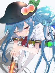Rule 34 | 1girl, ;), absurdres, black hat, blue hair, blue skirt, bow, bowtie, closed mouth, food, foreshortening, frilled skirt, frills, fruit, fruit hat ornament, gradient background, grey background, hat, highres, hinanawi tenshi, leaf, leaf hat ornament, leaning forward, light smile, long hair, looking at viewer, no shoes, one eye closed, peach, peach hat ornament, puffy short sleeves, puffy sleeves, rainbow gradient, red bow, red bowtie, red eyes, shadow, shirt, short sleeves, skirt, smile, solo, standing, sword of hisou, tassel, thighhighs, touhou, tsune (tune), very long hair, white background, white shirt, white thighhighs