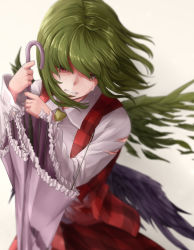 Rule 34 | 1girl, ascot, bad id, bad pixiv id, clenched teeth, commentary request, crying, crying with eyes open, feathered wings, green hair, highres, holding, holding umbrella, kamiya ueshi, kazami yuuka, long sleeves, plaid, plaid skirt, plaid vest, planted, planted umbrella, purple umbrella, red eyes, red skirt, red vest, shirt, short hair, simple background, sitting, skirt, skirt set, solo, tears, teeth, touhou, umbrella, vest, white background, white shirt, wings, yellow ascot