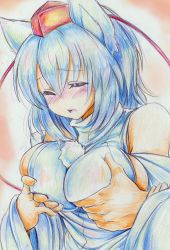 Rule 34 | 1girl, absurdres, animal ears, bad id, bad pixiv id, bare shoulders, blush, grabbing another&#039;s breast, breasts, colored pencil (medium), detached sleeves, closed eyes, female focus, grabbing, hat, highres, inubashiri momiji, kitazinger, large breasts, nose blush, open mouth, short hair, sideboob, solo, tokin hat, touhou, traditional media, white hair, wolf ears