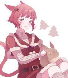 Rule 34 | 10s, 1girl, animal ears, bad id, bad twitter id, cat ears, cat tail, closed mouth, ear piercing, facial mark, facial tattoo, final fantasy, final fantasy xiv, flat color, looking at viewer, md5 mismatch, miqo&#039;te, piercing, rabbit, red eyes, red hair, saibe, santa costume, short hair, slit pupils, tail, tattoo, warrior of light (ff14), white background