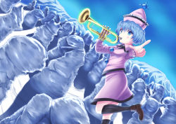 Rule 34 | 1girl, black socks, blue eyes, blue hair, blush, breasts, brown footwear, flying, foreshortening, from side, hat, instrument, long sleeves, looking at viewer, looking to the side, luke (kyeftss), merlin prismriver, music, pink shirt, pink skirt, playing instrument, pointing, pointing at viewer, shirt, shoes, short hair, skirt, skirt set, small breasts, socks, solo, touhou, trumpet
