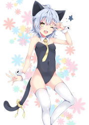 Rule 34 | 1girl, animal ears, black leotard, blue hair, cat ears, cat tail, covered navel, cowboy shot, detached collar, floral background, kittysuit, leotard, looking at viewer, milkpanda, nontraditional playboy bunny, one eye closed, open mouth, original, outline, short hair, solo, standing, strapless, strapless leotard, tail, thighhighs, white outline, white thighhighs, wrist cuffs, yellow eyes, yellow neckwear