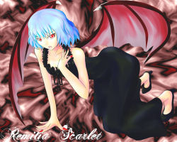 Rule 34 | 1girl, :o, all fours, alternate costume, bat wings, black dress, blue hair, character name, dress, fang, gutchon, red eyes, remilia scarlet, short hair, touhou, wings