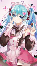 Rule 34 | 1girl, absurdres, apron, blue eyes, blue hair, bow, brown bow, brown sleeves, commentary, detached sleeves, gyuentec, hair ornament, hatsune miku, heart, heart hair ornament, highres, long hair, maid headdress, pink nails, pink skirt, plaid, plaid bow, shoulder tattoo, skirt, solo, striped sleeves, tattoo, twintails, vocaloid, white apron, white headdress