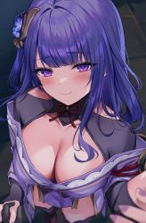 Rule 34 | 1girl, 1other, absurdres, blurry, blurry background, blush, breasts, bridal gauntlets, cleavage, close-up, flower, genshin impact, hair flower, hair ornament, has bad revision, has downscaled revision, highres, hizuki higure, holding hands, japanese clothes, kimono, large breasts, long hair, looking at viewer, looking up, md5 mismatch, mole, mole under eye, nail polish, off shoulder, out of frame, pov, purple eyes, purple hair, purple kimono, purple nails, raiden shogun, resolution mismatch, shrug (clothing), sidelocks, slippers, smile, solo focus, source smaller, standing, swept bangs, thighhighs, turtleneck