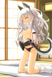 Rule 34 | 1girl, animal ears, azur lane, black gloves, black panties, black skirt, braid, breasts, clothes in mouth, clothes lift, commentary request, dog ears, dog tail, fingerless gloves, gloves, highres, kneehighs, kneeling, lifted by self, long hair, miniskirt, mouth hold, nail polish, navel, nipples, no bra, panties, patricia (stylish marunage), pussy juice, red eyes, shirt, shirt in mouth, shirt lift, side ponytail, silver hair, skirt, skirt lift, socks, solo, tail, underwear, white shirt, white socks, wrist cuffs, yuudachi (azur lane)