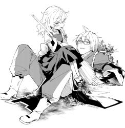 Rule 34 | 1boy, 1girl, aged down, ahoge, back bow, black footwear, black skirt, black vest, bow, braid, broom, commentary request, dated, full body, girl on top, glasses, greyscale, hair bow, highres, holding, holding broom, kirisame marisa, long hair, long sleeves, monochrome, morichika rinnosuke, no headwear, on ground, open mouth, outdoors, pants, shirt, shoes, short sleeves, single braid, sitting, sitting on person, skirt, socks, touhou, vest, white background, white shirt, yuki (popopo)