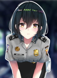 Rule 34 | !, 1girl, badge, black hair, black skirt, blurry, blurry background, blush, breasts, character name, closed mouth, commentary request, grey shirt, highres, indonesia, linzere, looking at viewer, name tag, original, pale skin, patch, pencil skirt, police, police badge, police uniform, policewoman, shirt, short hair, short sleeves, silvia dewi, skirt, solo, uniform, upper body