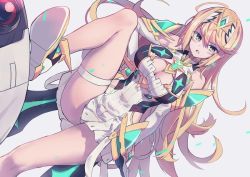 Rule 34 | 1girl, armor, bad id, bad twitter id, blonde hair, blush, breasts, cleavage cutout, clothing cutout, covered navel, dress, earrings, gem, headpiece, huanxiang huifeng, jewelry, large breasts, long hair, mythra (xenoblade), nintendo, shoulder armor, solo, swept bangs, thigh strap, tiara, xenoblade chronicles (series), xenoblade chronicles 2, yellow eyes