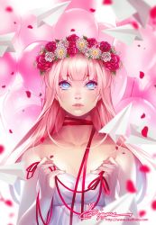 Rule 34 | balloon, bare shoulders, blue eyes, collarbone, crying, crying with eyes open, daisy, dress, flower, flower wreath, head wreath, ippus, just be friends (vocaloid), lips, long hair, megurine luka, paper airplane, petals, pink hair, red flower, red rose, ribbon, rose, rose petals, signature, solo, tears, vocaloid, watermark, web address, white flower, white rose