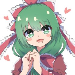 Rule 34 | + +, 1girl, absurdres, arm ribbon, bow, frilled bow, frilled ribbon, frills, front ponytail, green eyes, green hair, hair bow, hair ribbon, heart, high meron, highres, kagiyama hina, open mouth, red bow, red ribbon, ribbon, simple background, solo, touhou, upper body, white background