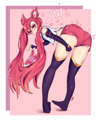 Rule 34 | 1girl, absurdres, alternate costume, alternate hair color, alternate hairstyle, ass, bare shoulders, belt, bent over, black gloves, black thighhighs, bow, elbow gloves, fingerless gloves, from behind, full body, gloves, hair ornament, highres, jinx (league of legends), league of legends, legs, long hair, looking at viewer, looking back, lucid girl, magical girl, red bow, red eyes, red hair, short shorts, shorts, smile, solo, star guardian (league of legends), star guardian jinx, thighhighs, thighs, twintails, very long hair